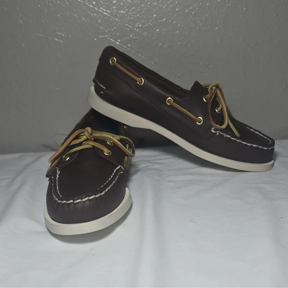 Sperry Top-Sider A/O Womens Brown Leather Boat Shoes 5M Multi-Color Laces New[3J